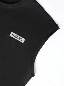 Gym Rark Boyfriend Style Men's Round Neck Patch Decor Sleeveless Sports Top, Summer - Black - View 4