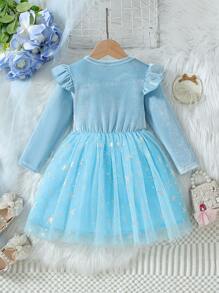SHEIN Glamorique Kids Young Girls Party Dress - Blue Velvet Fabric With Snowflake Sequin Embroidery, Sheer Mesh Flutter Sleeves , Elegant For Halloween, Parties And Events - Blue - View 2