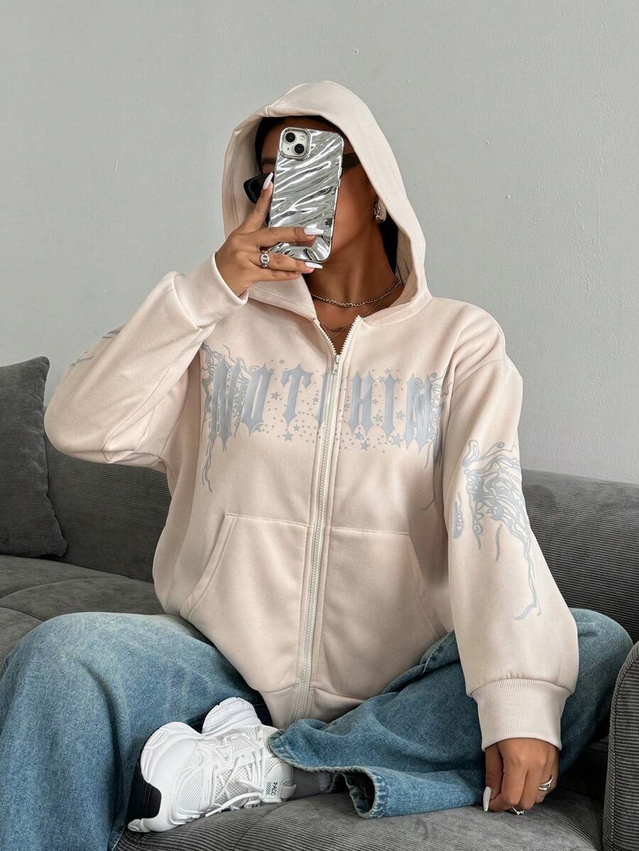 Flirla Plus Size Gothic Butterfly Print Zipper Front Hoodie Fall - Apricot - View 1