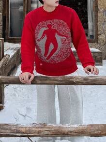 Manfinity Roghcode Men's Crew Neck Long Sleeve Minimalist Casual Pullover Sweater With Figure Graphic - Red - View 4