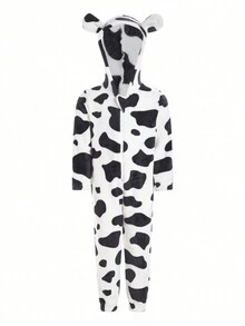 Pijama con capucha y pies de franela para niño, estampado de vaca en blanco y negro, conjuntos a juego para toda la familia (Mamá y yo, 4 piezas se venden por separado) - Blanco y Negro - Ver 3