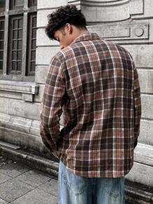 Manfinity RebelGame 1pc Heren Geweven 90s Kraag Shirt Mode Casual Losse Plaid Lange Mouw Ritssluiting Kleur Blok Vintage Urban Shirt, Voor Vrienden, Katoen