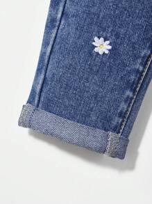 Baby Girl Fried Snowflake + Paper Bag Waist Floral Embroidery Denim Pants,Holiday,Summer,Travel
