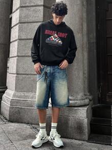 Manfinity VCAY Moletom com capuz estampado de bilhar casual moderno de malha masculina, outono/inverno - Preto - Ver 5
