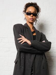 SUMWON WOMEN 双排扣长款冬季大衣经典翻领专业羊毛混纺外套秋季长款外套个性层叠单品 - 灰色 - 查看 5