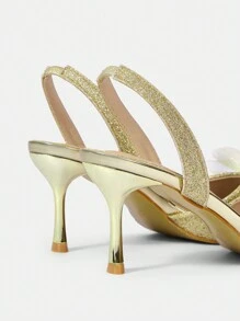 CUCCOO HITCHD Pointed Toe Elegant Stilettos High Heel Sequin Bow Tie Party & Date Night Dress Sandals For Women - Gold - View 13