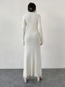 RueChic Stand Collar Solid Color Elegant Long Sleeve Sweater Dress - Beige - View 2