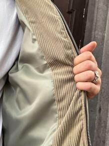 Manfinity VCAY Men's Woven Fashionable Casual Ribbed Loose Open Front Long Sleeve Zipper Padded Coat, For Fall Winter - Green - View 6