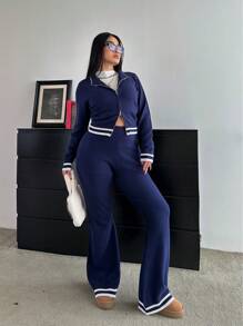 Flirla Plus Size Women 2pcs/Set Striped Double Zipper Cardigan And Pants Sweater Outfit For Autumn, For Winter Fall Cloth For Women - Navy Blue - View 6