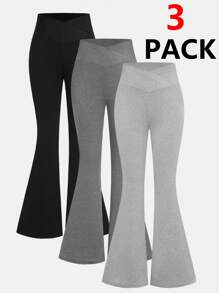 SHEIN Girlism 3 件装 Tween 女童休闲纯色喇叭针织裤，街头风格 - 彩色 - 查看 1