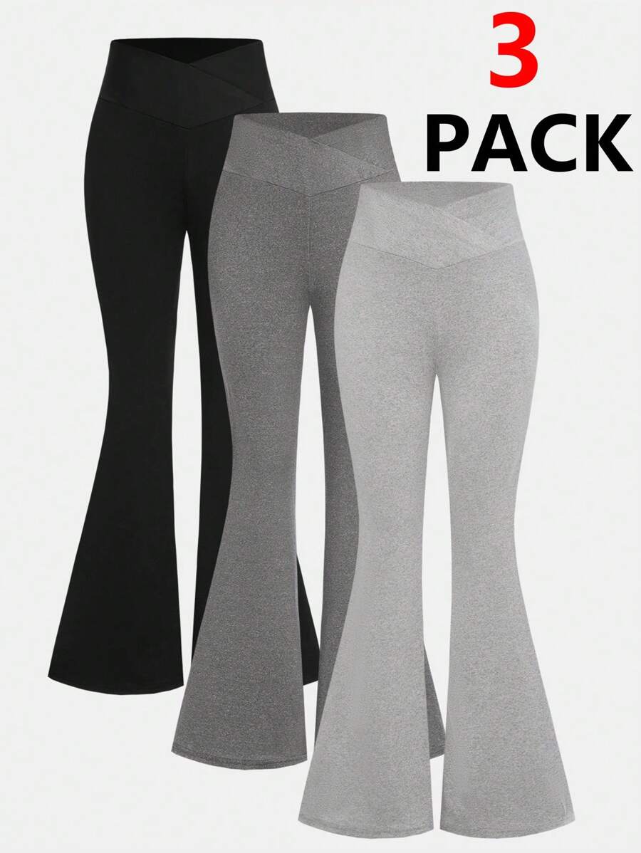 SHEIN Girlism 3 件装 Tween 女童休闲纯色喇叭针织裤，街头风格 - 彩色 - 查看 1