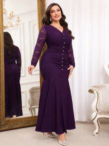 Modelyn Frauen Große Größen V-Ausschnitt Kontrast Spitze Geraffter Fischschwanz Saum Elegantes Abendkleid