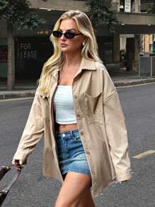 Forever 21 女士衬衫 Barn 夹克 女士纯色纽扣休闲长袖衬衫 - 卡其色 - 查看 6