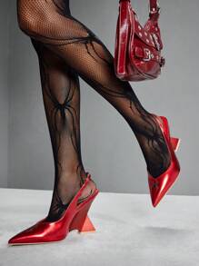 CUCCOO SZL Zapatos de plataforma planos de moda para mujer con tacón grueso, puntera puntiaguda, decoración de araña y acabado en patente rojo para otoño