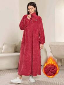 Mulvari Women's Autumn Winter Letter Zipper Hoodie Dress, Long Sleeve Fleece Loose Sweatshirt Dress,Long Sleeve Tops Pullover Fall Outfit - Pink - View 1