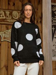 LanaWest 新款时尚宽松休闲针织套头衫，女士超大款，秋冬款 - 黑與白 - 查看 6