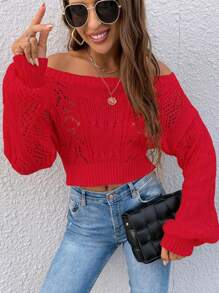 Chiquease 一件休闲纯色露肩镂空短款针织衫，春秋季新年针织套头衫秋冬款 - 紅色 - 查看 3