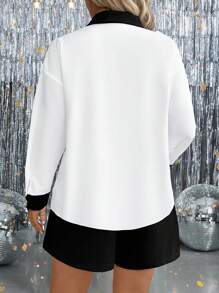 SHEIN Clasi Plus Size Contrast Trim Button Front Long Sleeve Top And Solid Color Shorts Elegant 2 Pieces Set