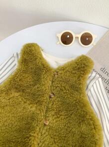 SHEIN Conjunto de 3 piezas de ropa para bebé niña con: Top de manga larga con cuello de tortuga a rayas, chaleco de peluche y pantalones largos acanalados gruesos, para otoño e invierno