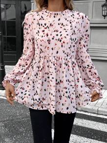 SHEIN LUNE Spring & Summer Round Neck Ruffle Trim Cuff, Collar & Hem Long Sleeve Casual Vacation Printed Blouse T-Shirt - Dusty Pink - View 6