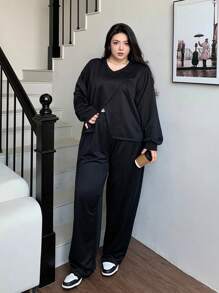 Dazy Plus Plus Size Asymmetrical Hem V-Neck Sweatshirt & Solid Color Casual Sweatpants 2 Pieces Set,Fall Clothes - Black - View 7