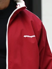 Manfinity Homme Veste coupe-vent décontractée pour homme avec imprimé slogan et couleurs contrastées, pour l'automne/l'hiver, rouge, Noël - Rouge - Voir 4