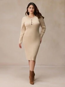Elaquor Plus Size Casual Hollow-Out Bowknot Knitted Figure-Flattering Dress