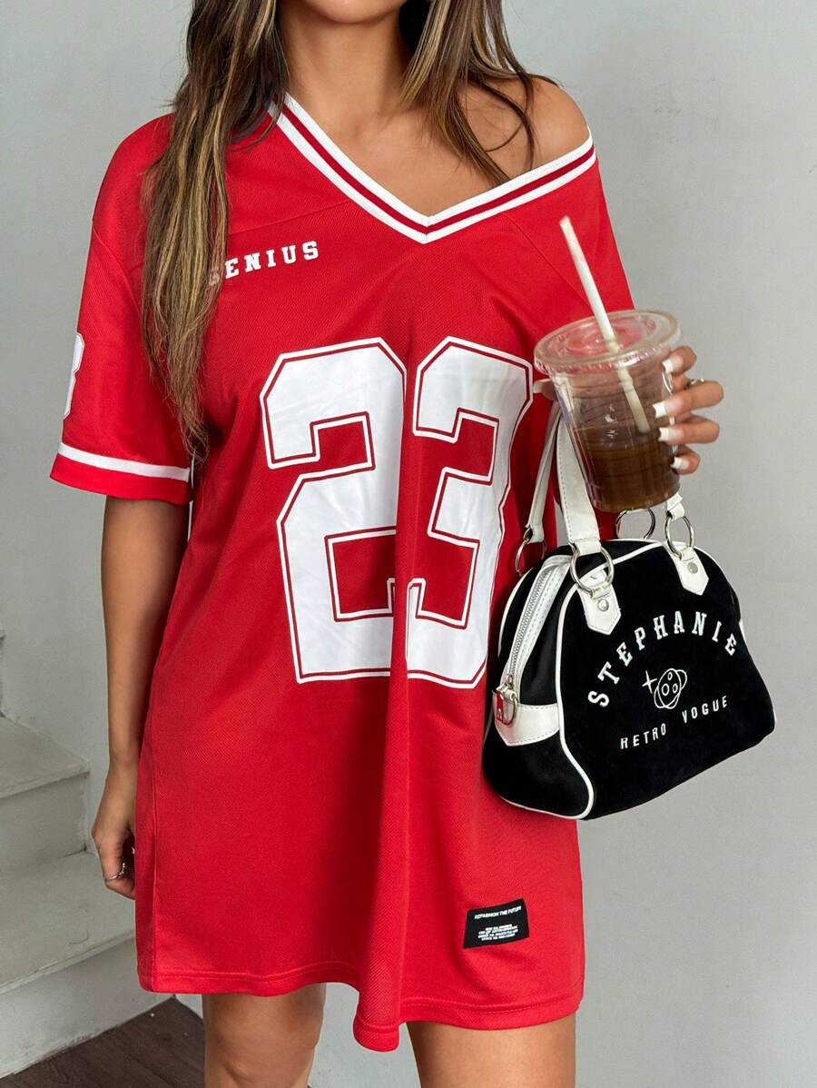 SHEIN EZwear Casual Sports Game Letter & Number Graphic Red Loose V-Neck Short Sleeve T-Shirt Dress For Summer