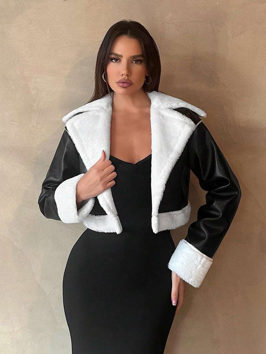 SHEIN Tall Teddy Bear Lined Short Black PU Leather Jacket - Black - View 1