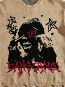 ROMWE MEN Street Life 男士圆领仿旧星星图案针织毛衣 - 卡其色 - 查看 3