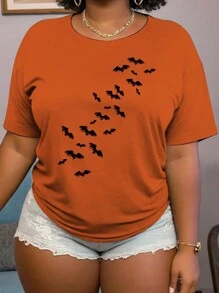 SHEIN CURVE+ Plus Size Pumpkin Halloween Animal Print T-Shirt Holiday Burnt Orange Summer Casual - Orange - View 3