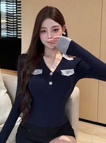 DAZY Women Color Block Turndown Collar Pullover Long Sleeve Knitted Sweater