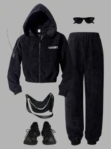 SHEIN Bộ 2 món/Bộ trang phục thường ngày cho bé gái tuổi teen có áo hoodie dài tay họa tiết chữ và quần rút dây, mùa thu/đông - Xám - Xem 4