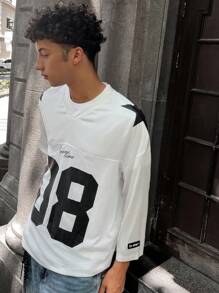 Manfinity VCAY Men's Casual Loose Fitting Knit Numeric Print Mesh Contrast Short Sleeve T-Shirt, Fashionable Youth Daily Wear
