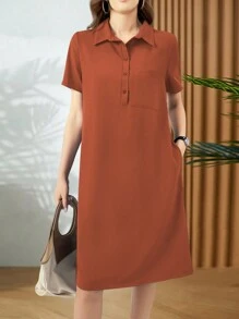 SHEIN Unity 假日必備實心隱藏口袋束腰連衣裙 - 鏽棕色 - 查看 1