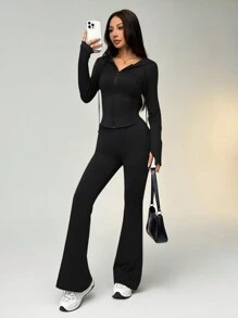 SHEIN EZwear Women's Solid Color Zip-Up Drawstring Hooded Sweatshirt And Flared Pants Set, Sports Suit
