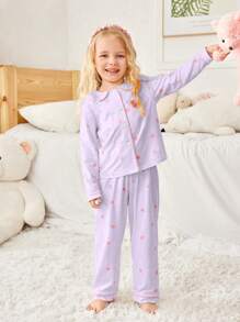 2 件套年轻女孩睡衣套装，简约时尚可爱印花长裤和长袖，休闲家居服