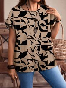 EMERY ROSE Camisa de manga corta de cuello redondo con diseño de patchwork geométrico casual y talla grande, apta para otoño/verano - Marrón Mocha - Ver 4
