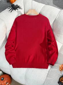 SHEIN EZwear 大码红色蜘蛛网图案保暖针织毛衣，适合万圣节、秋冬季 - 紅色 - 查看 2