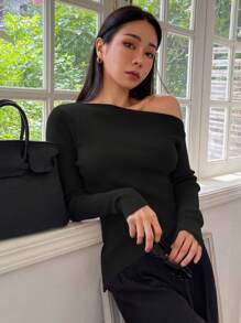 DAZY 纯色修身不对称露肩女式毛衣，返校服