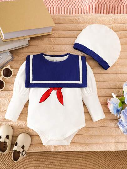 SHEIN Dziewczęcy granatowy kołnierzyk z kokardą i bufiastymi rękawami, bawełniany, uroczy komplet jesień/zima