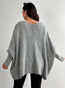 Calvaya Plus Size Loose Fit Solid Color Asymmetric Hem V-Neck Long Sleeve Sweater, For Winter Knit Pullover Fall Autumn - Grey - View 2