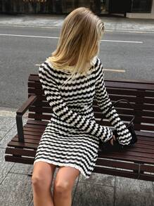 Forever 21 女士休闲条纹针织毛衣连衣裙春秋 - 黑色 - 查看 9