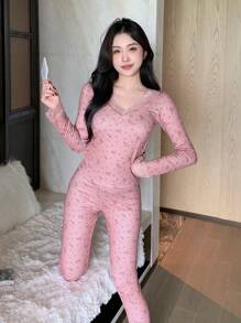 DAZY 碎花羊毛蕾丝拼接修身睡衣套装，冬季保暖内衬 - 粉色 - 查看 5