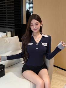 DAZY Women Color Block Turndown Collar Pullover Long Sleeve Knitted Sweater