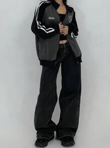 DAZY Chaqueta casual de manga larga con rayas laterales y estampado de letras a contraste, de otoño