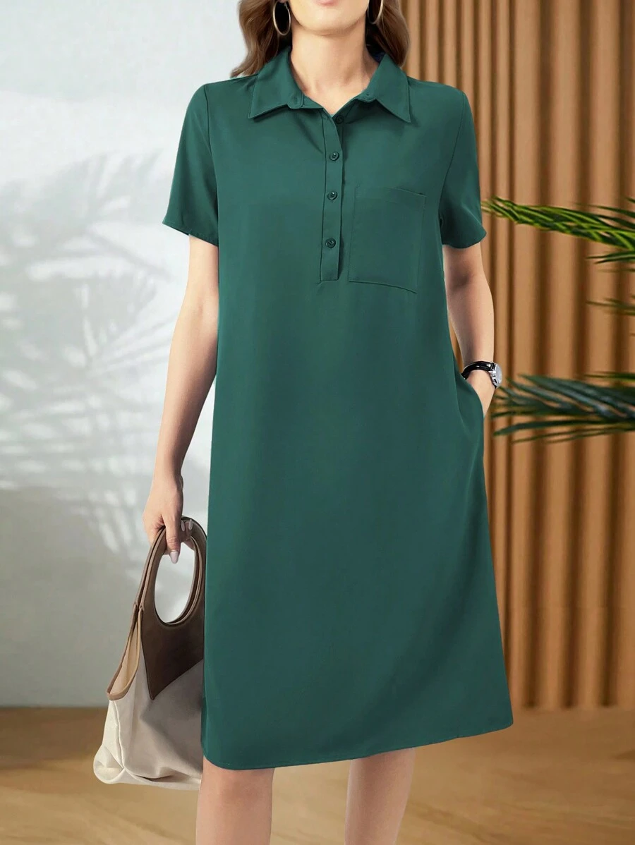 SHEIN Unity Women's Solid Color Simple Daily Short Sleeve Dress - Green - View 1
