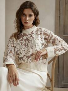 Anewsta Women Autumn Sexy Flower Pattern Contrast Sheer Mesh Panel Sweater,Long Sleeve Tops, Knit Pullover Fall Winter - White - View 4