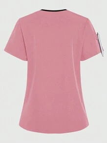 SHEIN TaskFit 女士拼色短袖上衣、手术服上衣、女士 V 领多口袋工作服外套上衣、女士健康检查手术服、宠物美容、牙科按摩师服装、工作室时尚女士工作服、营养师工作服、实验室工作服、女士上衣、多口袋功能性工作服、衣领上有纽扣方便穿脱的上衣、圣诞节、新年和情人节功能性女装、冬春女装 - 粉色 - 查看 2