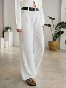 RueChic Dames effen linnen broek met riem en middelhoge taille